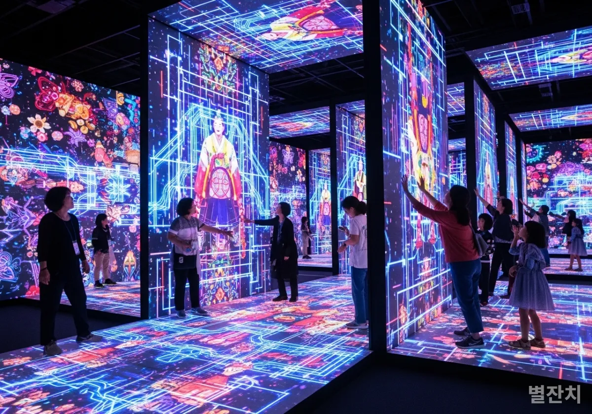 한국의 전통 문양과 미래지향적 네온이 어우러진 미디어 아트 전시를 관람하는 한국 관람객들