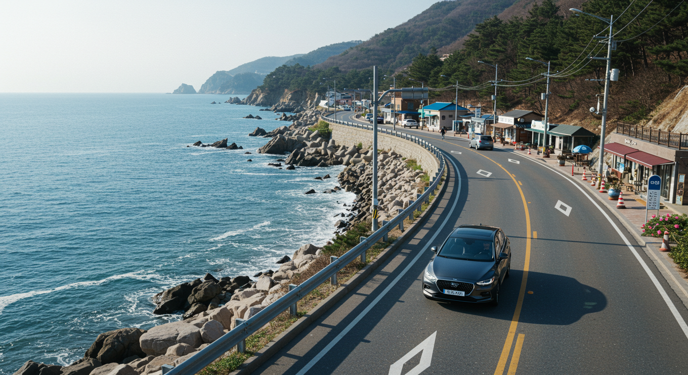 강릉 해안도로를 따라 달리는 차량과 바다뷰 카페 거리