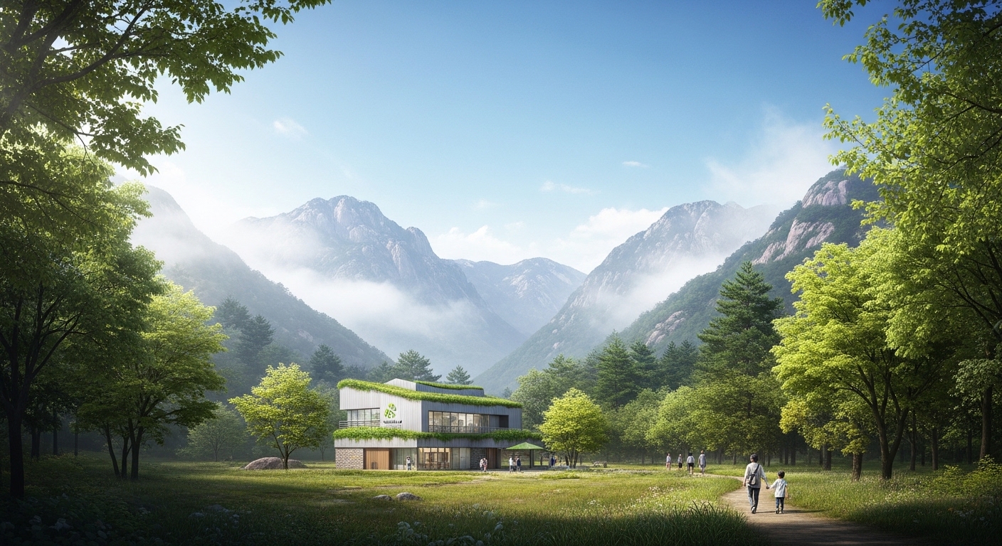 계룡산 생태탐방원의 아름다운 전경과 푸른 숲길을 따라 걷는 방문객들. 맑은 하늘 아래 웅장한 계룡산이 펼쳐져 있으며, 현대적인 탐방원 건물이 자연 속에 조화롭게 자리하고 있습니다.