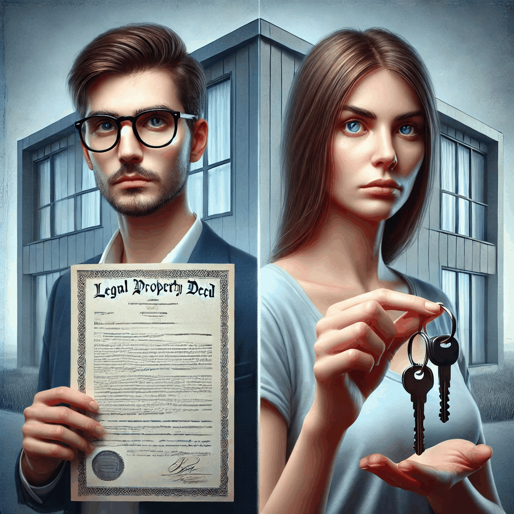 소유권자는 부동산 증서를, 점유권자는 집 열쇠를 들고 있어 소유와 점유의 차이를 시각적으로 표현한 이미지