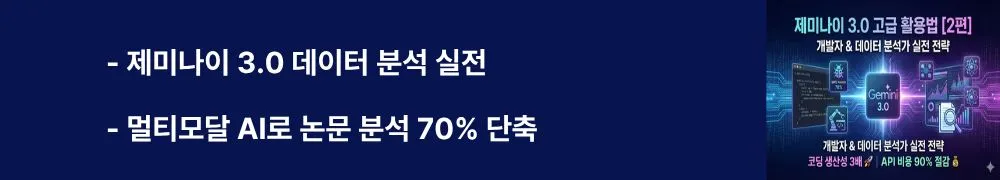 '제미나이 3.0 데이터 분석 실전, 멀티모달 AI로 논문 분석 70% 단축'이라는 문구가 포함된 웹배너 이미지. 이 이미지는 제미나이 3.0의 3단계 데이터 처리 워크플로우(Flash→Pro→Deep Think), MMMU-Pro 81.2% 멀티모달 성능, GPQA Diamond 93.8% 과학 문제 해결 능력을 시각적으로 전달하며, 블로그의 데이터 과학자와 연구자를 위한 고급 분석 전략과 관련된 내용을 설명함 (Gemini 3.0 data analysis, multimodal AI, MMMU-Pro 81%, GPQA Diamond 93.8%, research acceleration)