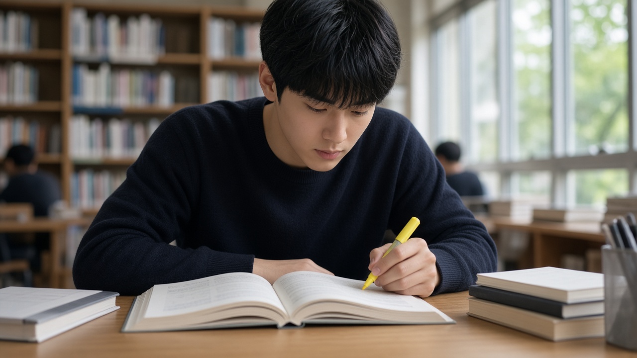 도서관 책상에서 지게차운전기능사 필기 문제집을 펴고 형광펜으로 표시하며 공부하는 20대 한국인 남성