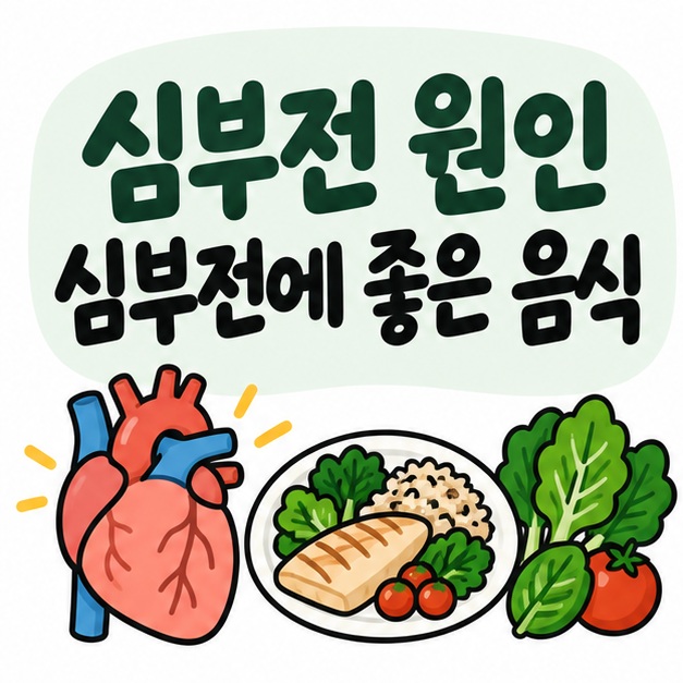 심장과 저염 식사 접시 아이콘 옆에 심부전 원인 심부전에 좋은 음식이라는 제목이 크게 적힌 대표 썸네일
