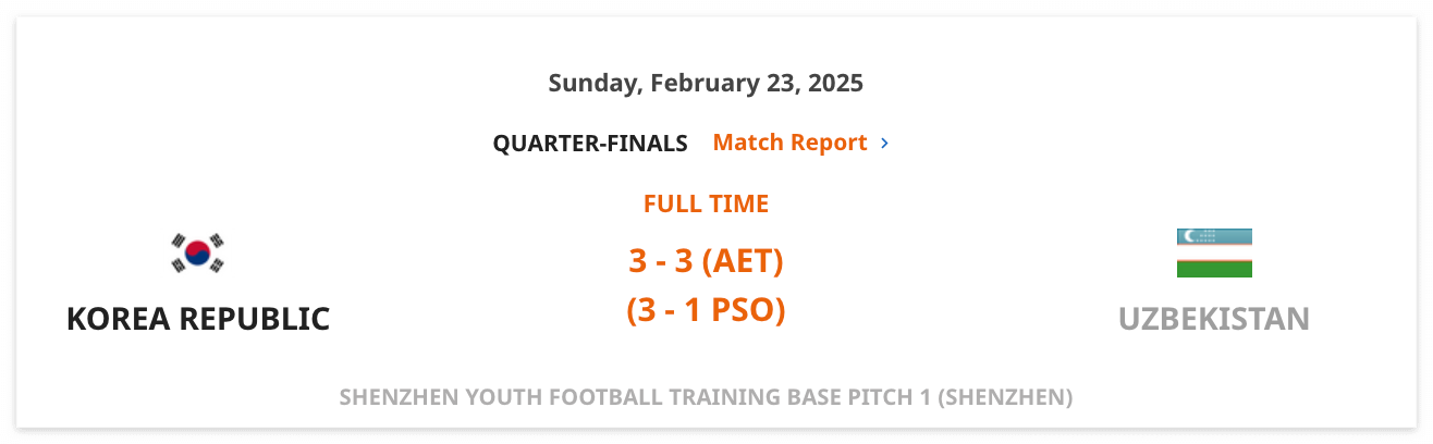 U-20 아시안컵 경기결과 8강전, 4강진출확정