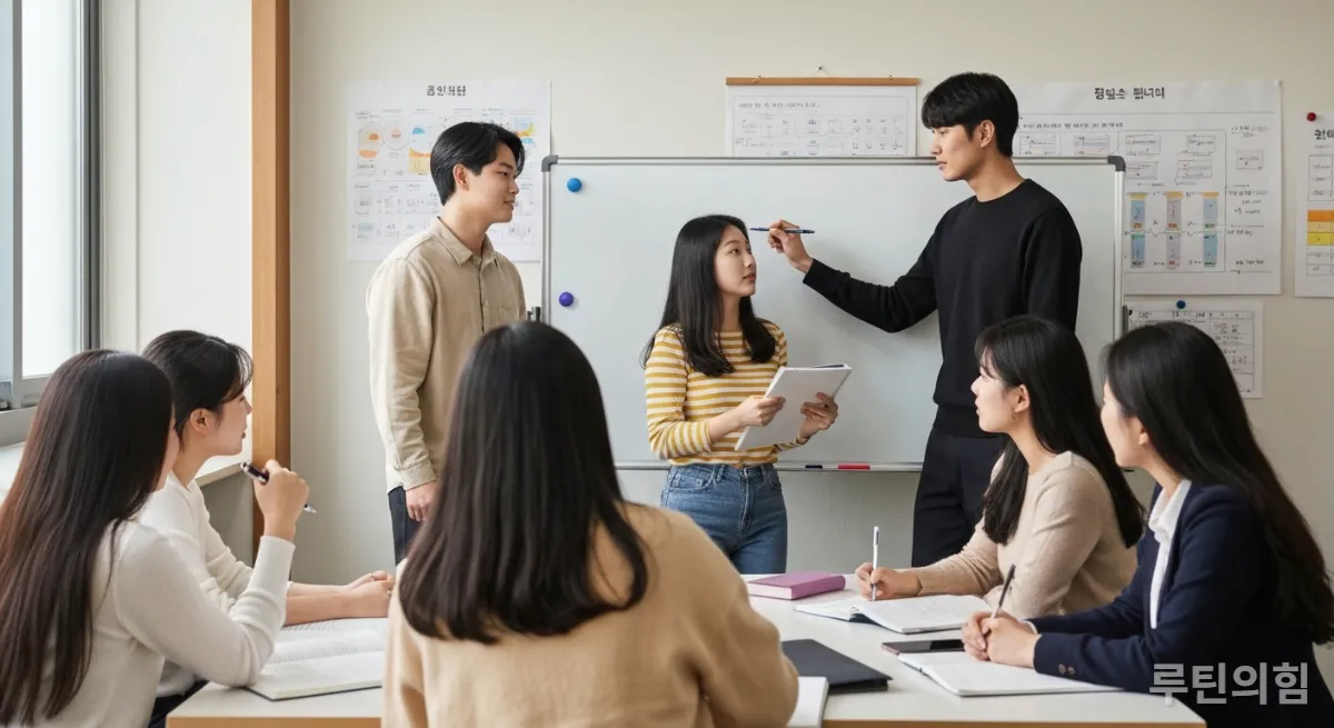 스터디 그룹에서 화이트보드에 발표하며 활발하게 토론하는 한국인 학생들