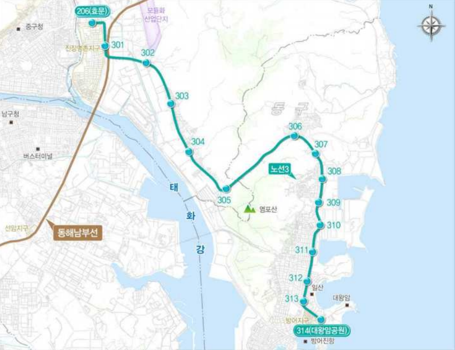 울산광역시-노면열차-트램-3호선-예정-노선도-이미지