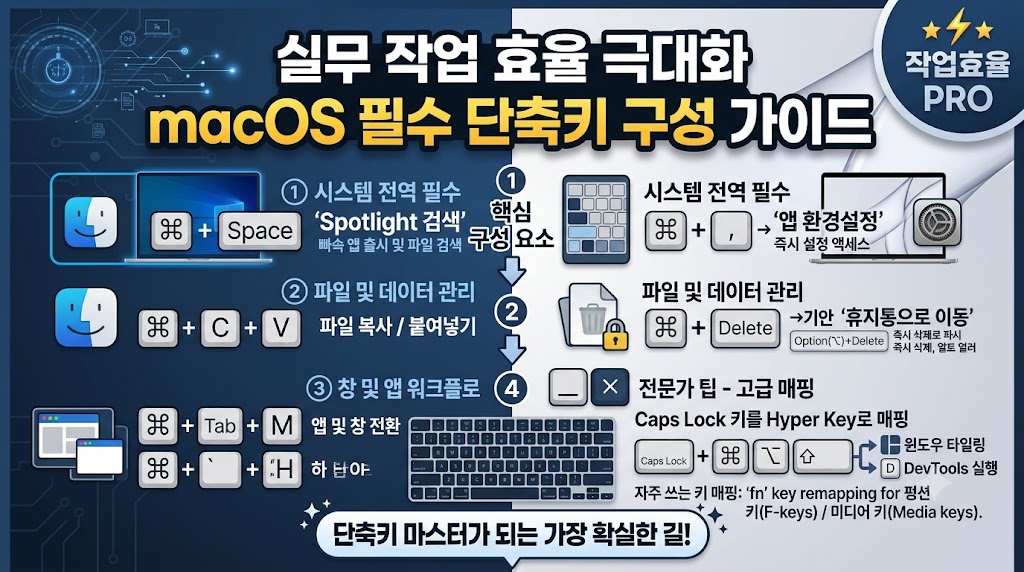 맥북에서 가장 자주 쓰이는 화면 캡처, 스팟라이트, 창 닫기 단축키를 정리한 가이드 이미지
