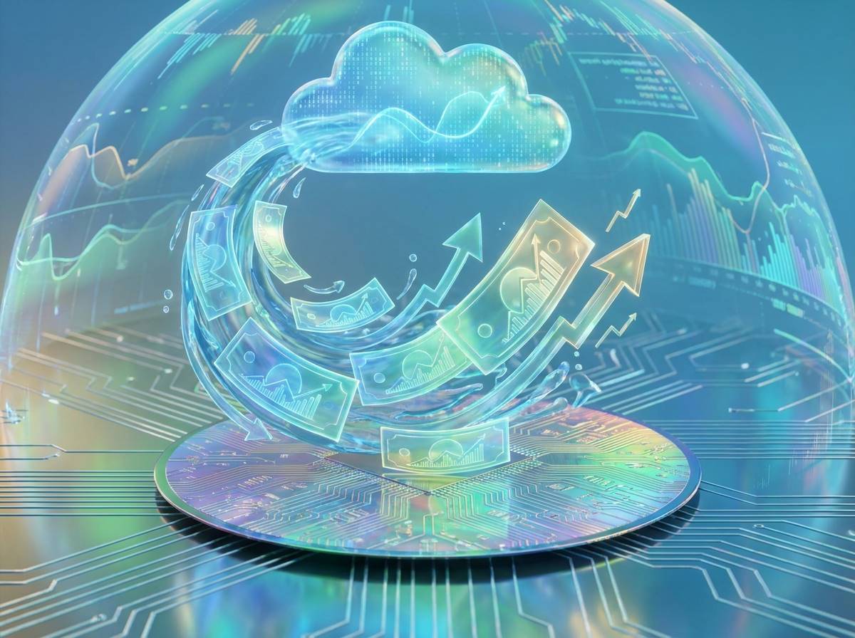 반도체 웨이퍼 위로 화폐와 그래프가 쏟아지는 듯한 초현실적인 3D 렌더링