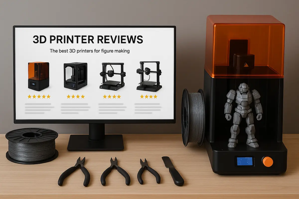 3D프린팅 피규어 제작을 위한 장비 리뷰가 정리된 컴퓨터 화면, 3D프린터와 필라멘트, 도구, 로봇 피규어 한 개가 포함된 장면, 인물 없음