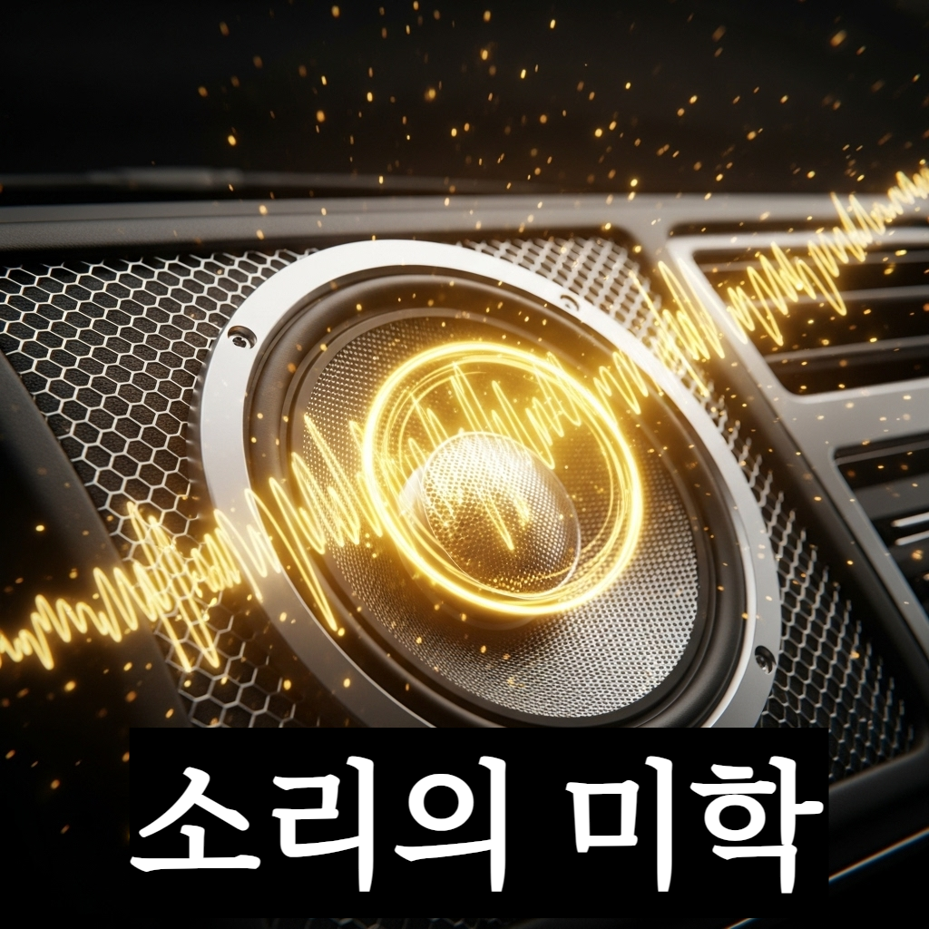 럭셔리한 자동차 내부 도어에 장착된 정교한 프리미엄 스피커 그릴의 클로즈업 샷. 스피커의 구멍 사이로 황금색 음파 에너지가 빛나는 입자 형태로 뿜어져 나와 차량 실내 전체를 따뜻하고 찬란하게 채우며 정화하는 시각적 묘사