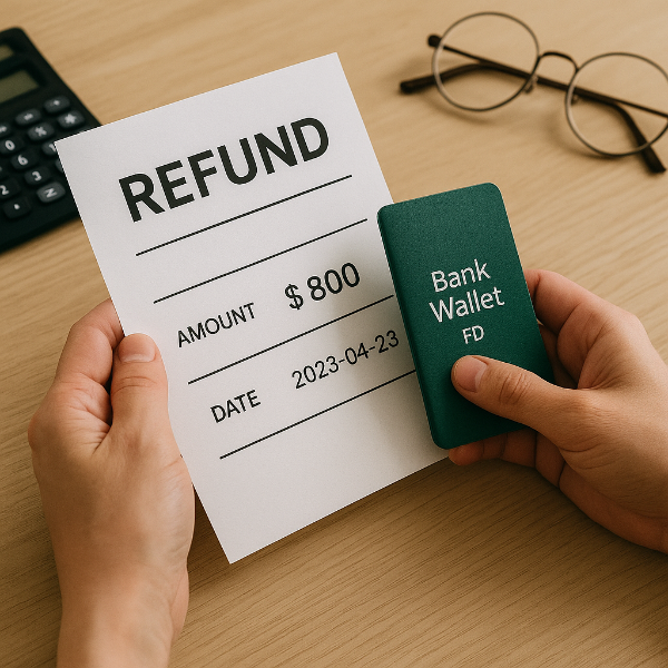 환급금 800달러가 적힌 서류와 녹색 통장을 들고 있는 모습