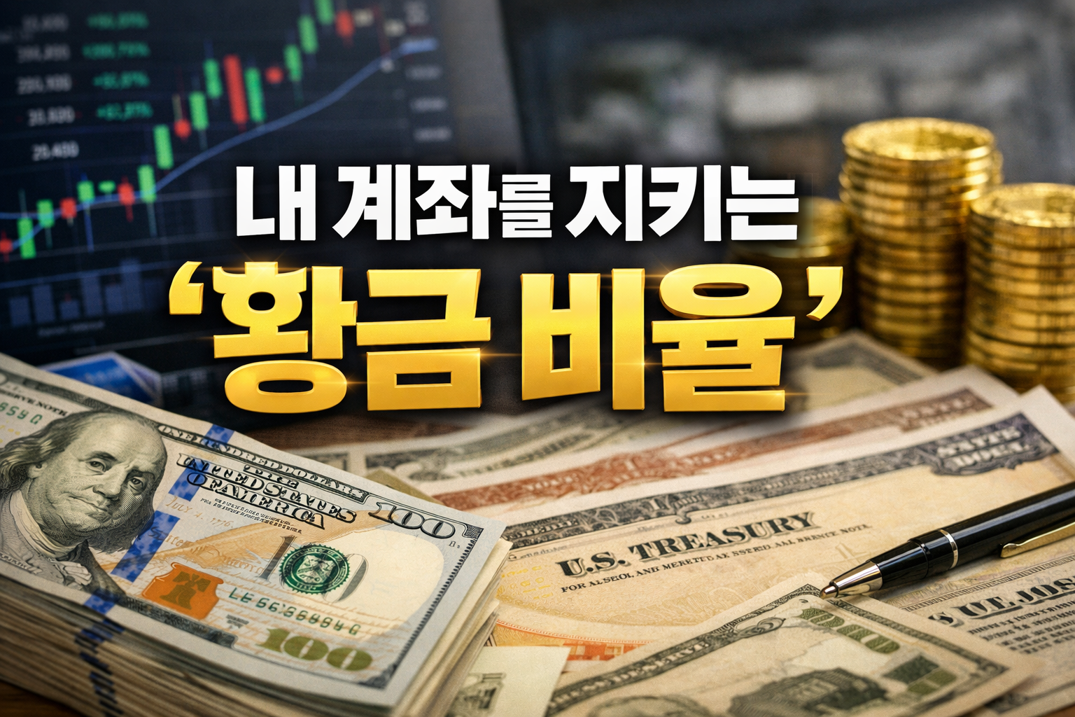 내 계좌를 지키는 자산 배분 포트폴리오 개념 이미지, 하락장 방어와 현금·분산투자 전략을 표현한 실사 사진