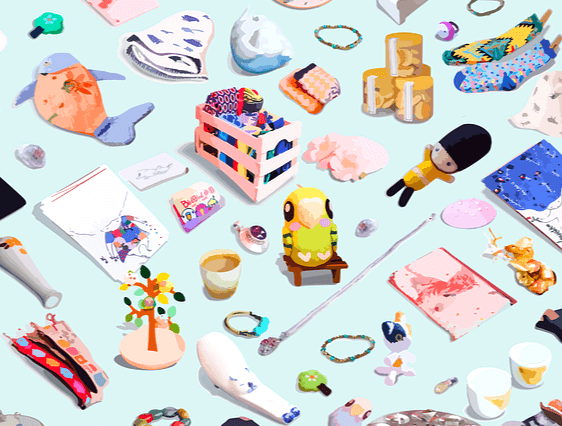 바닥에 판매하는 다양한 물건들이 펼쳐졌다. 인형, 팔찌, 천지갑, 모자, 커피잔, 손거울, 나무장식품 등이 있다.