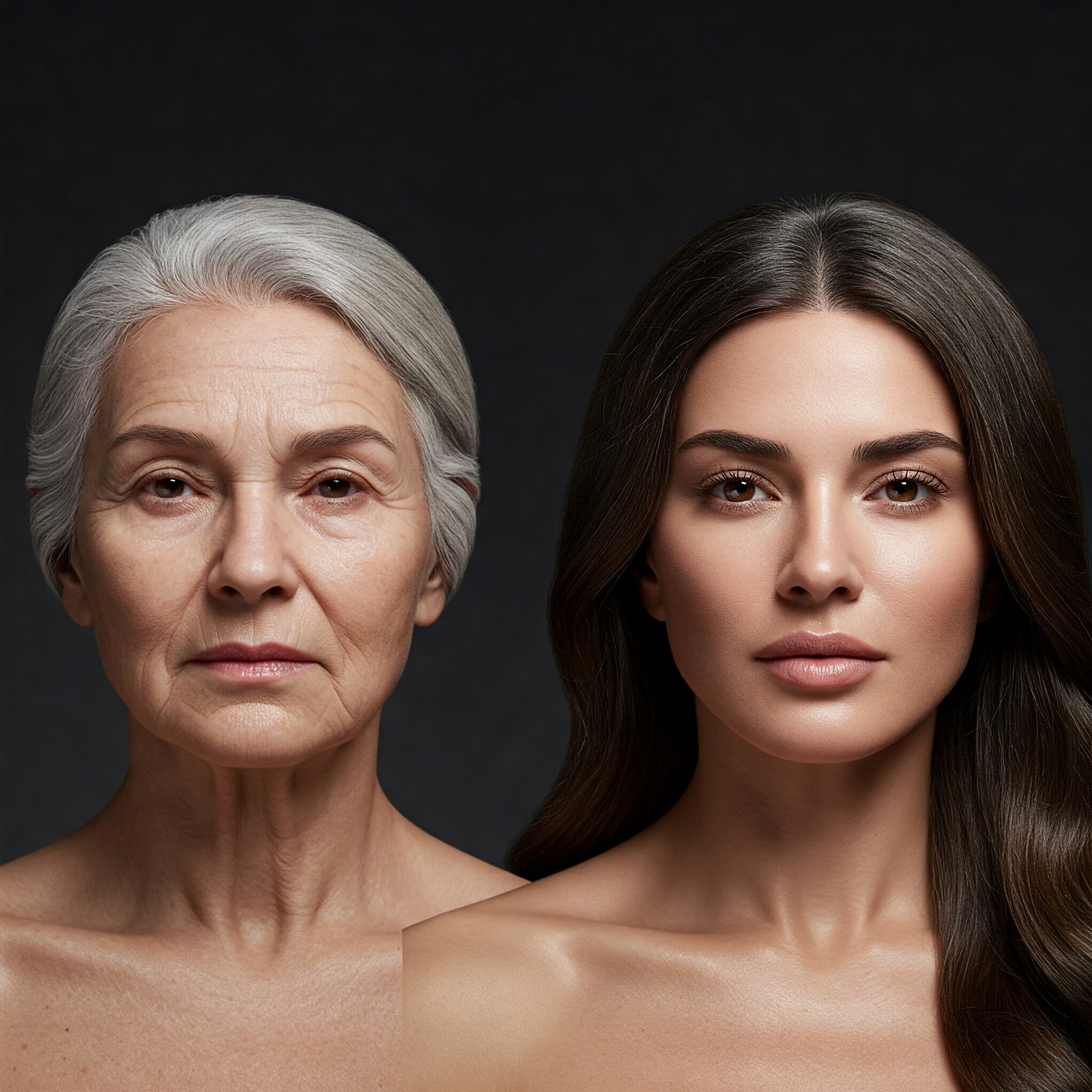 역노화 현상 늙은 여성에서 젊은 여성으로 변한 이미지입니다.