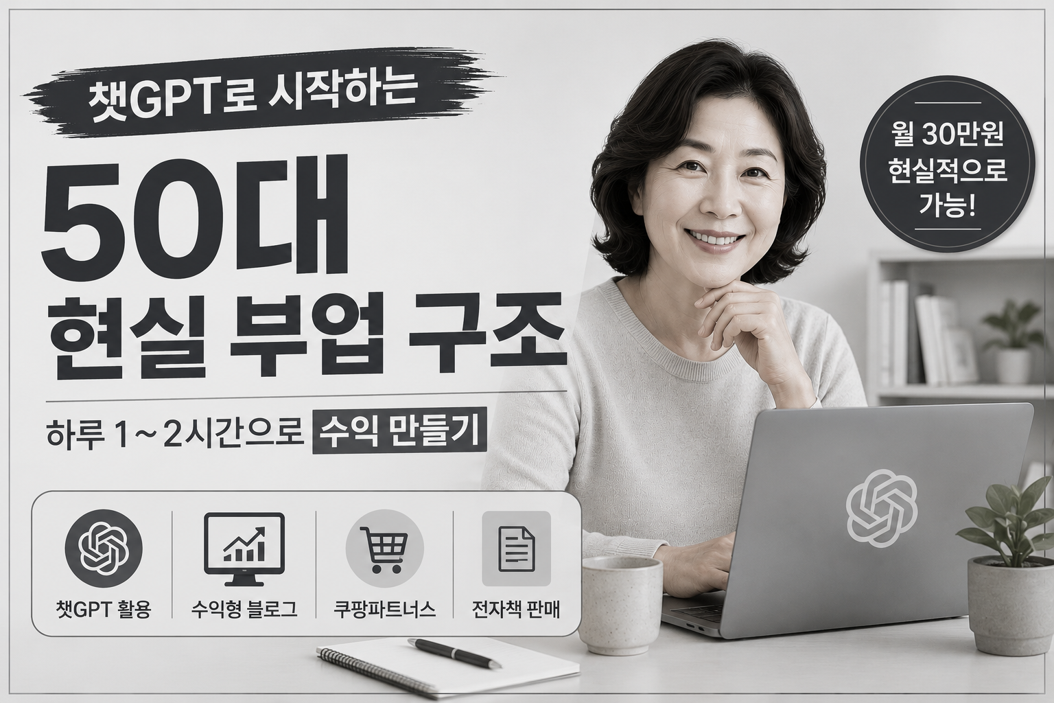 챗GPT로 월 30만 원 만드는 50대 현실 부업 구조를 표현한 모노톤 스타일의 블로그 썸네일 이미지