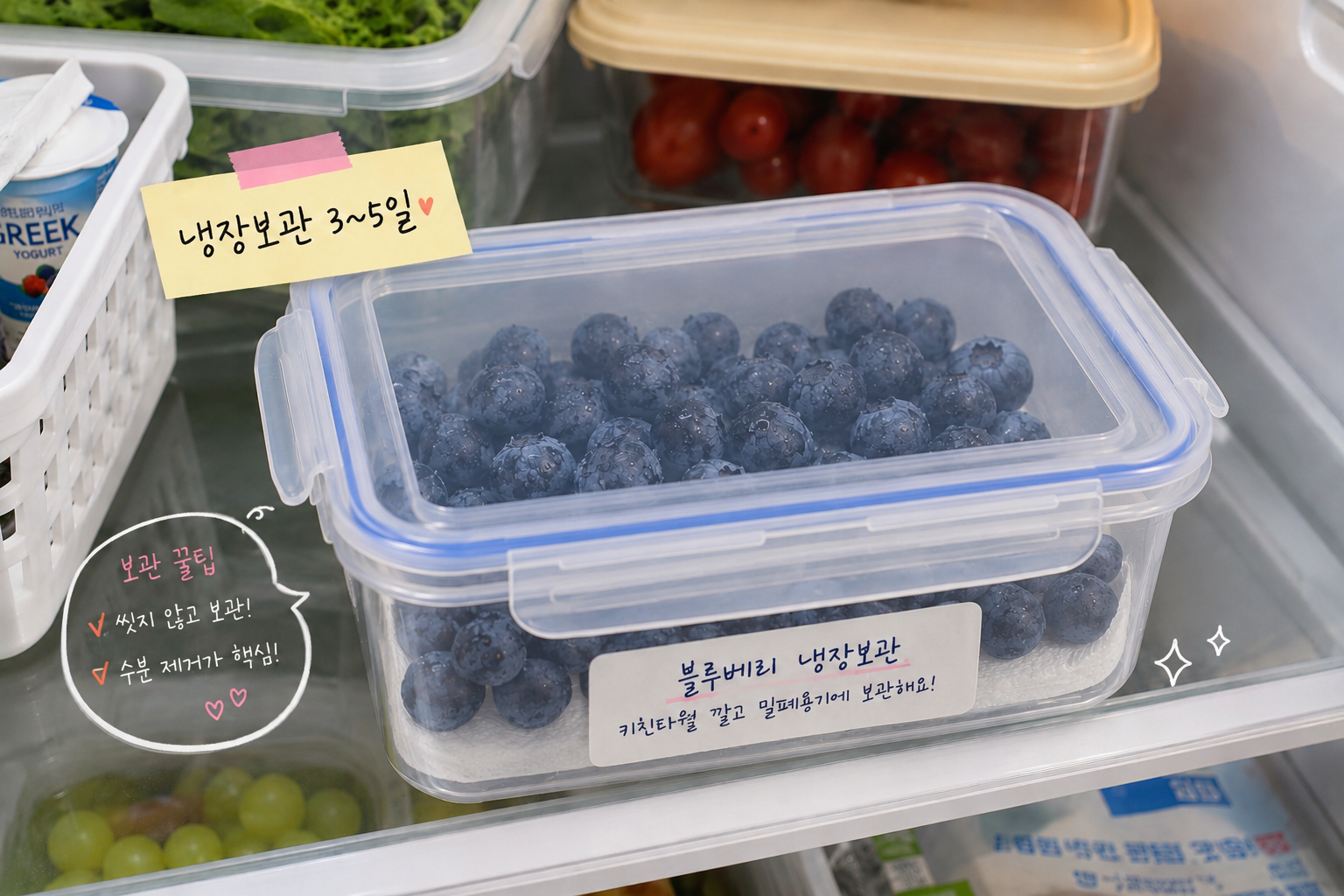 밀폐용기에 담긴 블루베리, 용기 바닥에 키친타월을 깔아 보관하는 모습