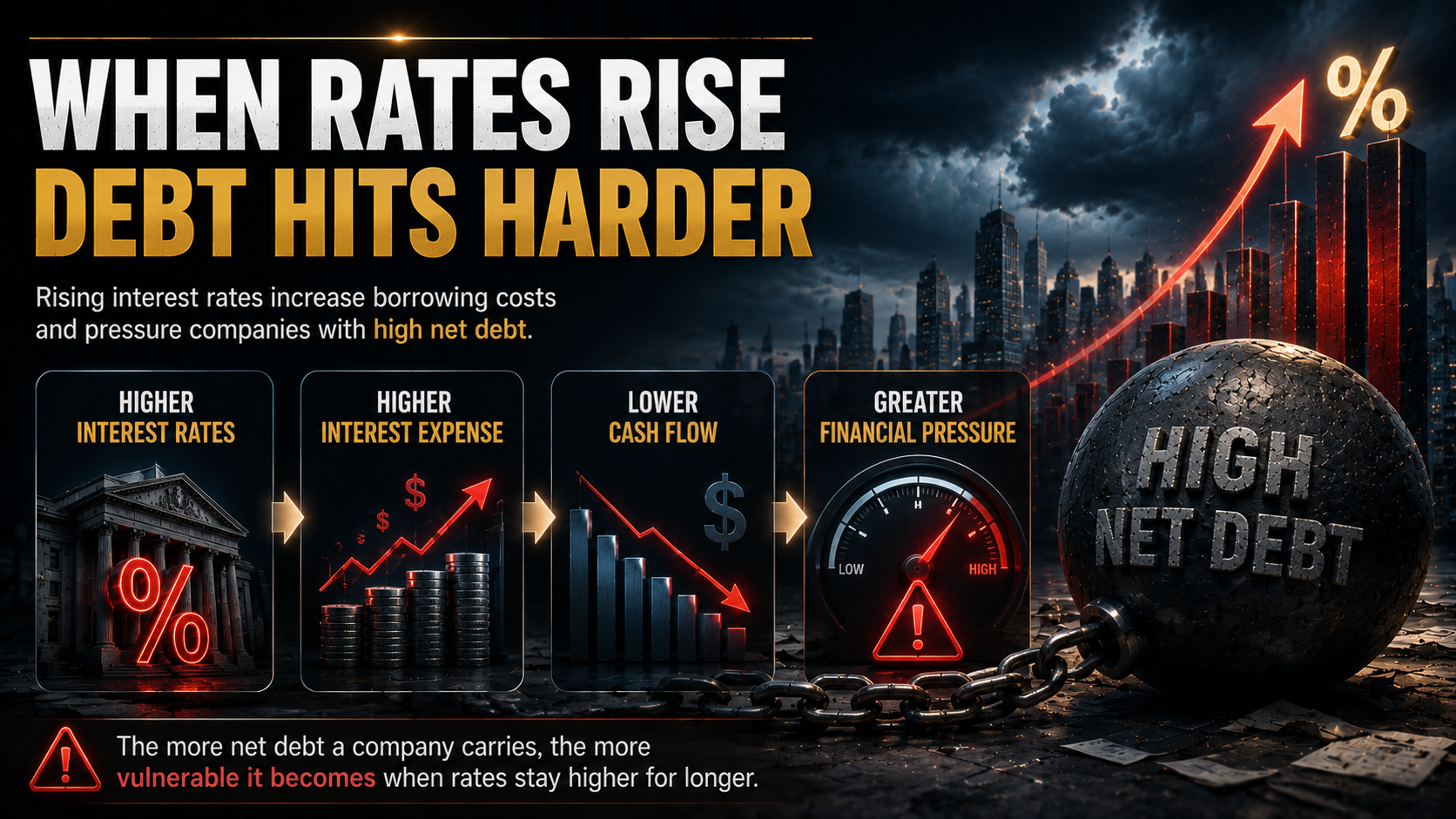 Rising interest rates increasing borrowing costs and financial pressure on companies with high net debt
