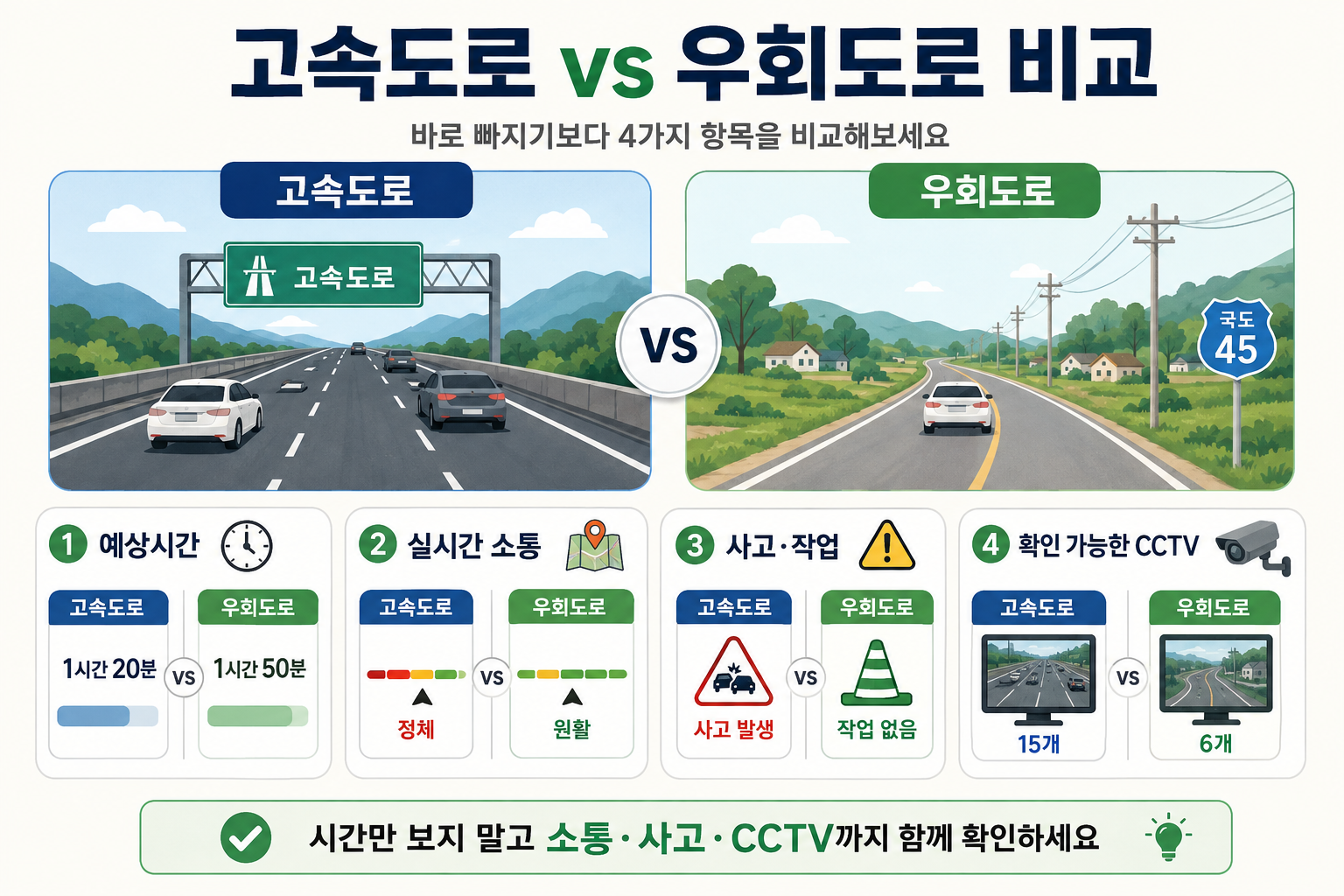 추석 고속도로와 우회도로의 예상시간과 실시간 교통상황을 비교하는 이미지