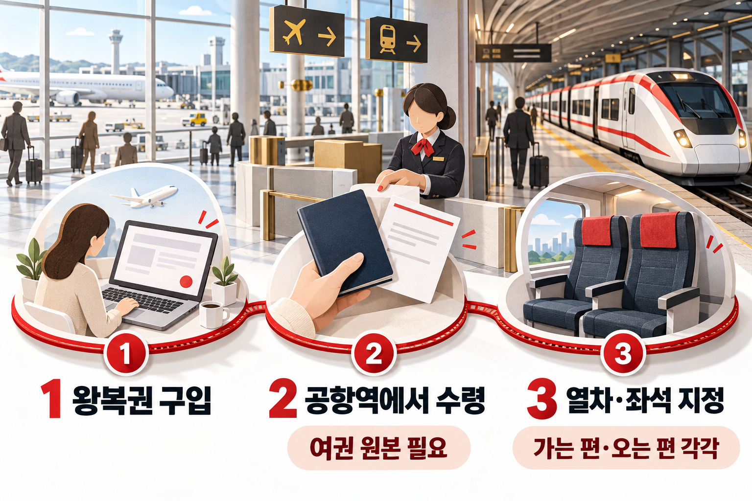 왕복권 구입 뒤 여권 원본으로 공항역에서 티켓을 수령하고 좌석을 지정하는 순서
