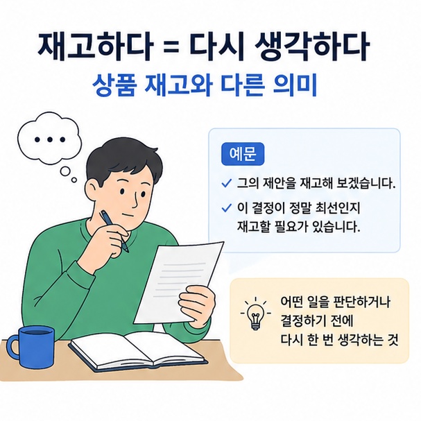 상품을 뜻하는 재고와 다시 생각하고 검토한다는 재고하다의 의미 차이를 설명한 이미지