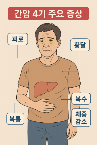 피로, 황달, 복수 등의 증상을 표현한 그래픽
