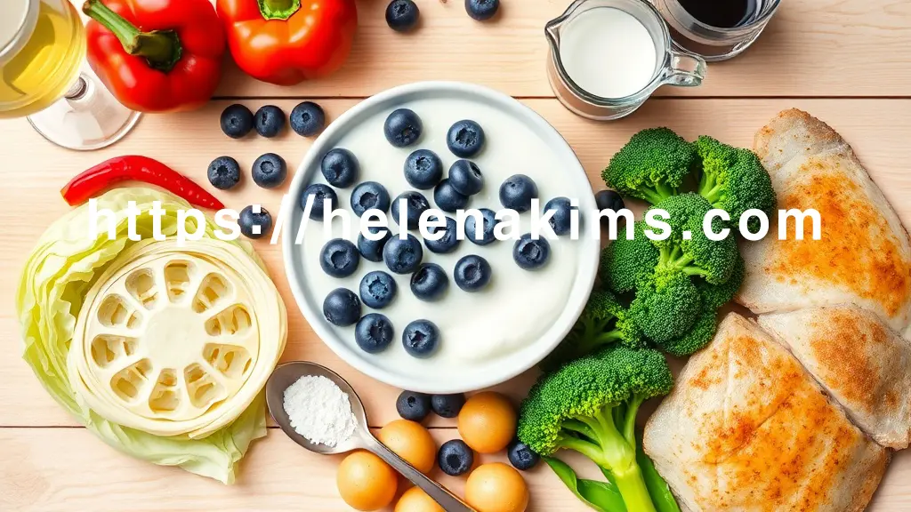 밝고 깔끔한 원목 테이블 위에 균형 잡힌 식단이 놓여 있다. 중앙에는 신선한 무가당 그릭요거트 볼에 블루베리가 먹음직스럽게 뿌려져 있고, 그 옆으로 작은 스푼과 함께 콜라겐 파우더가 담긴 유리 용기가 보인다. 주변에는 싱싱한 양배추 조각, 브로콜리, 찐 감자, 그리고 부드러운 흰살 생선 요리 등이 정갈하게 배치되어 위에 좋은 음식들을 강조한 이미지.