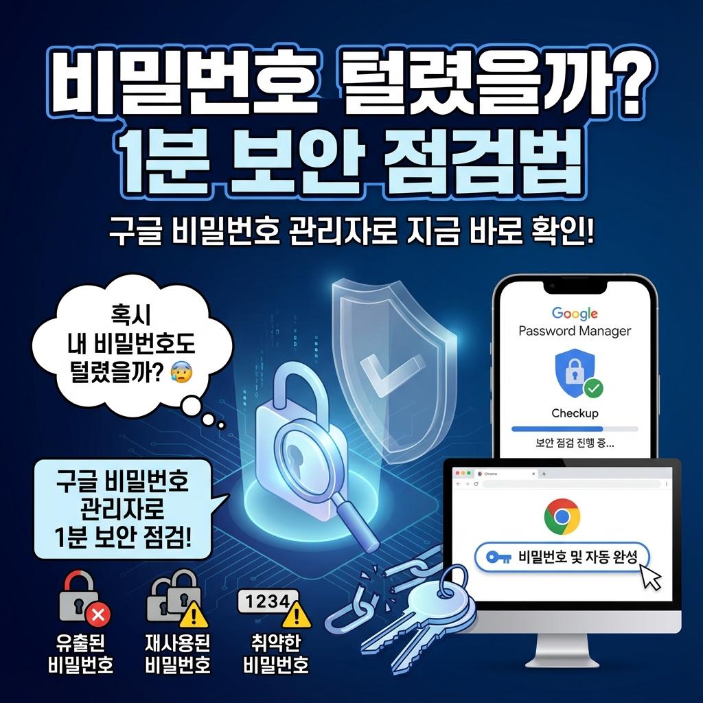 구글 비밀번호 관리자 보안 진단 기능으로 해킹 여부 확인 및 1분 보안 점검 방법 요약 인포그래픽