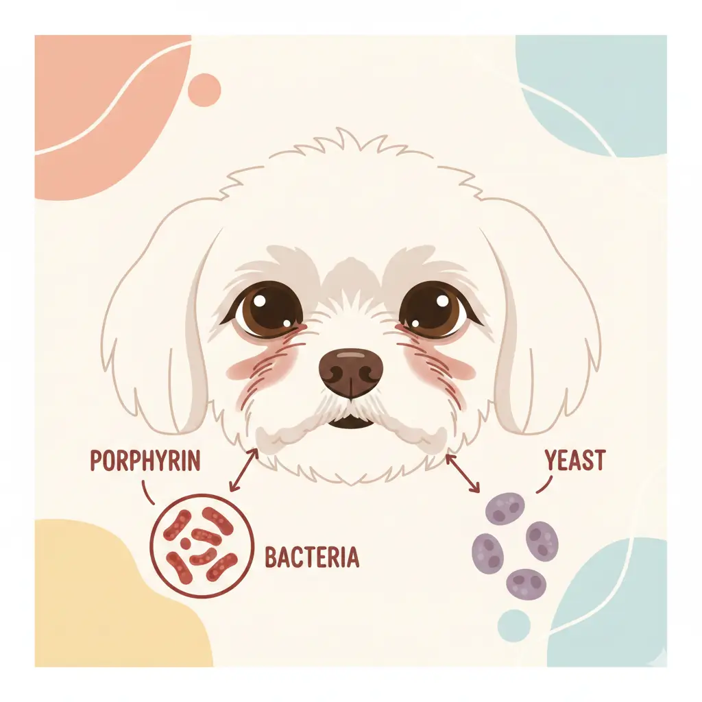 눈물 자국의 주범인 붉은 포르피린과 효모균의 착색 과정을 설명하는 이미지