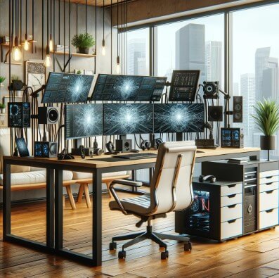 현대적인 사무실에서 사용되는 컴퓨터 전선