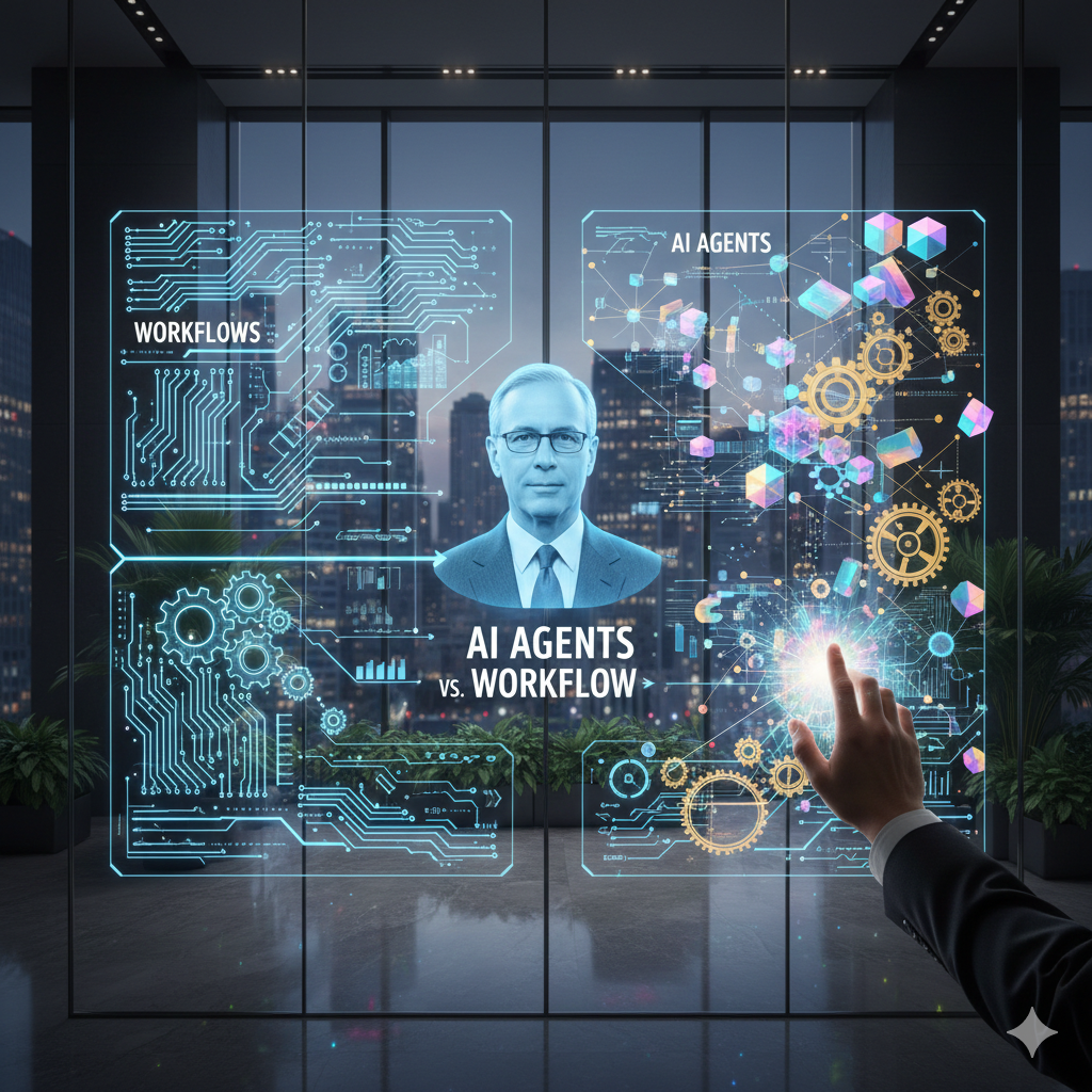 도심의 야경이 보이는 유리창 앞에 거대한 투명 디스플레이가 설치된 모습이에요. 화면 왼쪽에는 'WORKFLOWS'라는 제목 아래 정형화된 푸른색 회로도가 그려져 있고, 오른쪽에는 'AI AGENTS'라는 제목 아래 황금색 톱니바퀴와 화려한 기하학적 파편들이 흩어져 있어요. 화면 중앙에는 남성의 얼굴이 떠 있으며, 한 인물이 오른쪽의 빛나는 지점을 손가락으로 가리키고 있어요.