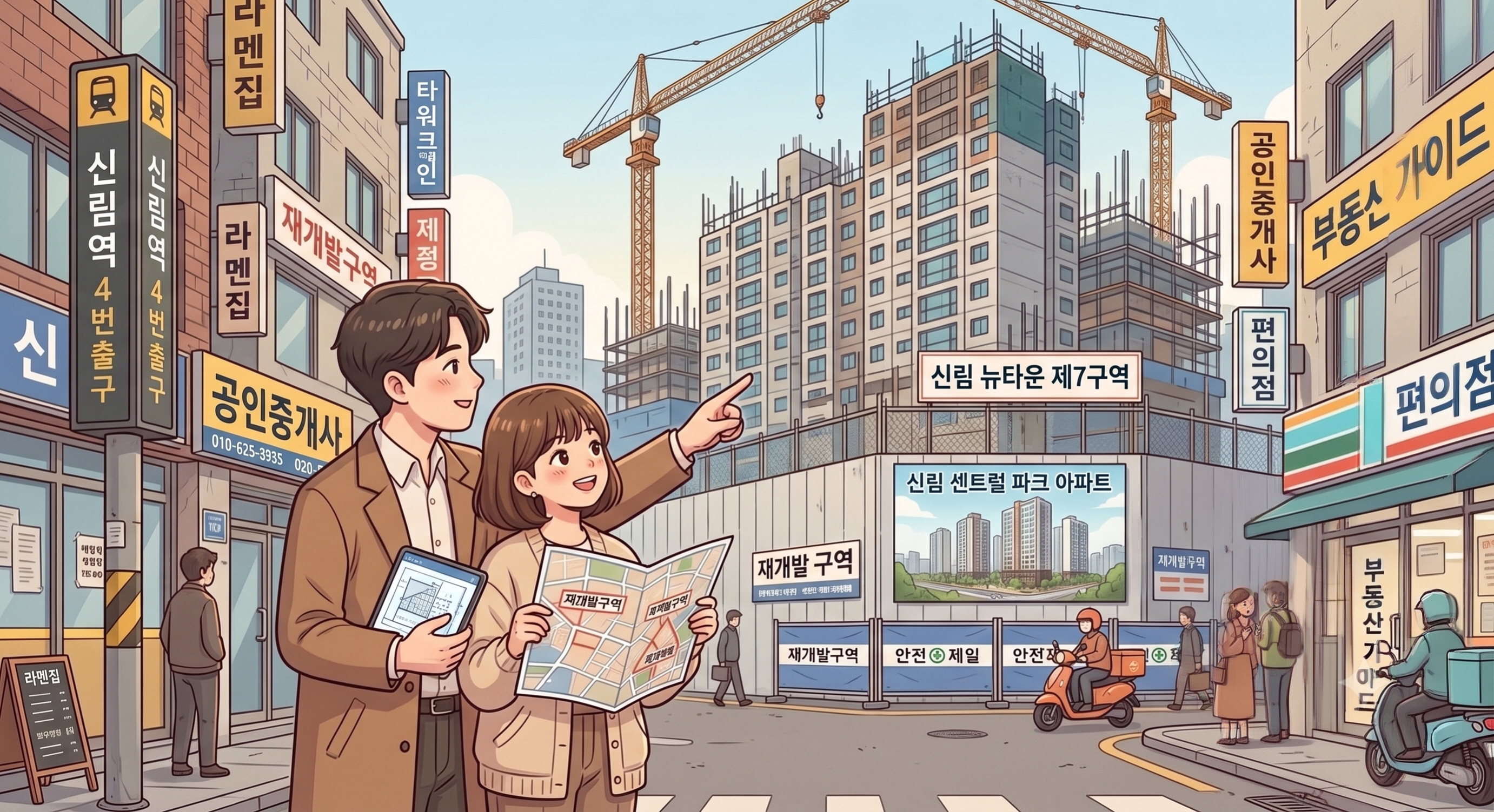 신림역 앞에서 신림 뉴타운 지역을 임장중인 신혼부부를 표현한 이미지
