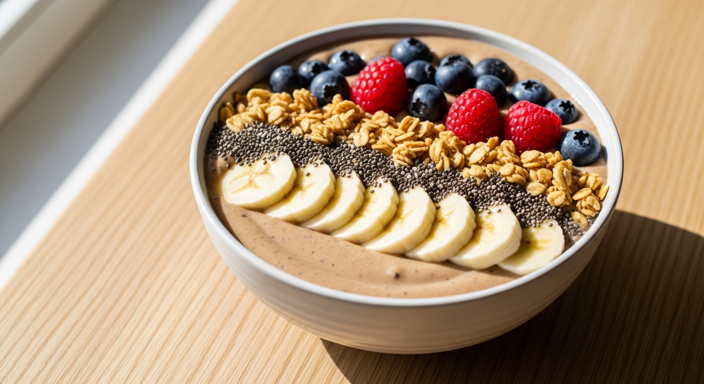 바나나, 그래놀라, 씨앗, 베리류가 토핑된 건강하고 맛있는 바나나 스무디 볼이 나무 식탁 위에 놓인 모습.