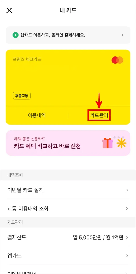 카드 목록의 '카드관리'를 선택