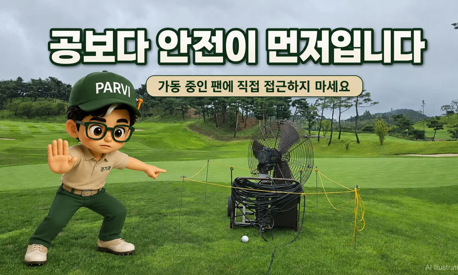 이동식 그린 팬 아래 들어간 골프공에 직접 접근하지 말라고 제지하는 경기과 캐릭터