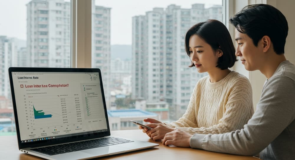 금리 인하기 대출 갈아타기 체크리스트를 확인하는 한국 부부
