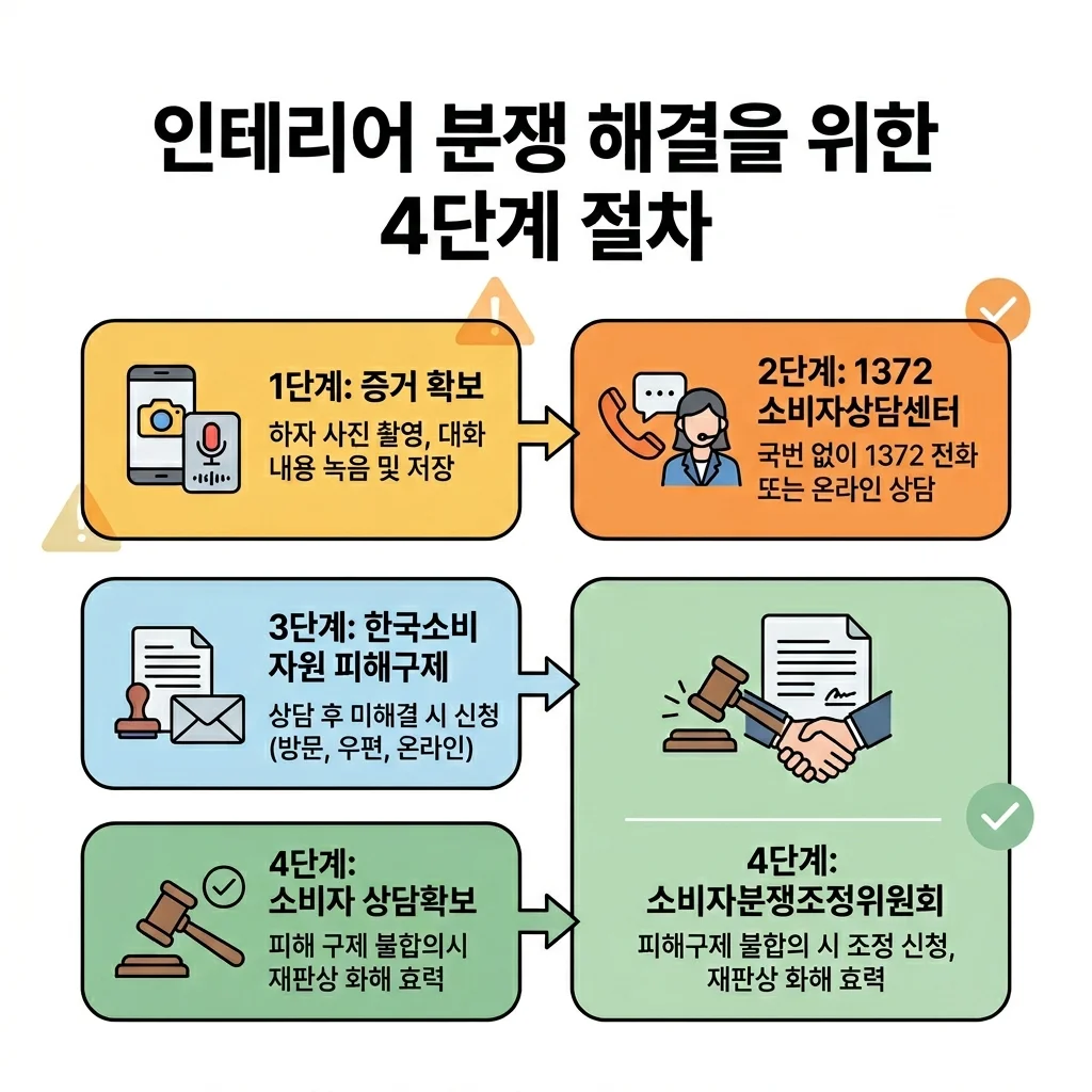 인테리어 하자 발생 시 한국소비자원 피해구제 등 4단계 분쟁 해결 절차 흐름도