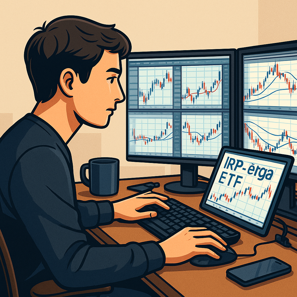 주식 차트를 분석하며 IRP·연금 ETF에 투자하는 젊은 남성의 일러스트
