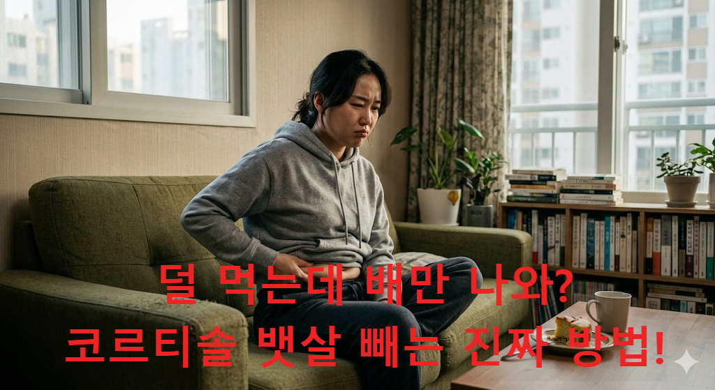 스트레스로 인해 단 음식을 먹고 뱃살을 잡으며 좌절하는 한국인