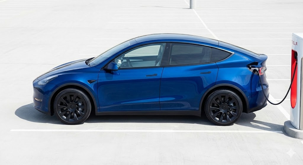 전기차의 일상을 보여주는 충전소에서의 측면 모습입니다.