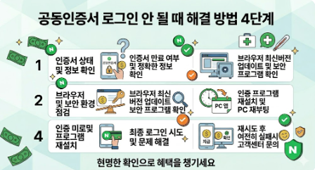 공동인증서 로그인 오류 해결 방법 4단계 안내 인포그래픽