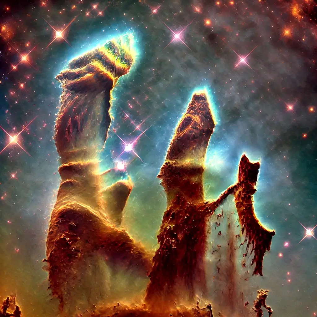 창조의 기둥을 망원경으로 찍은 모습 3개의 기둥이 솟아 있고 그 주변으로 별들이 나열되어 있다.