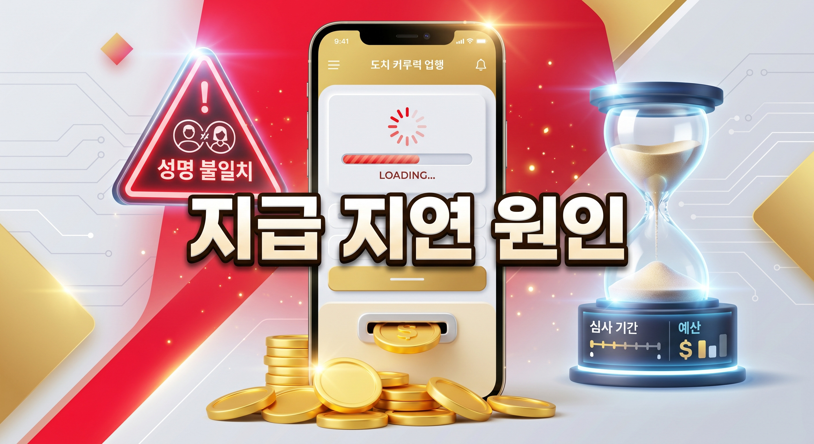지역화폐 앱 로딩 바가 띄워진 스마트폰 화면 옆에 명의 불일치를 알리는 경고 표지판과 심사 기간 및 예산을 상징하는 빛나는 디지털 모래시계가 있고 입금을 기다리는 금화가 있는 3D 일러스트 배경에, 짙은 그림자와 외곽선으로 선명하게 강조된 '지급 지연 원인'이라는 한글 문구가 중앙에 적힌 이미지