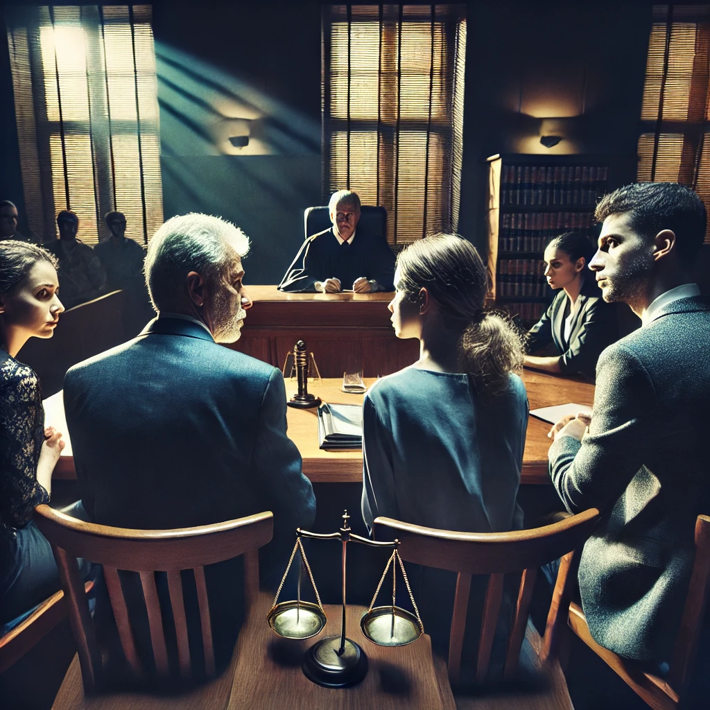 법정에서 상속 문제로 대립하는 가족들의 모