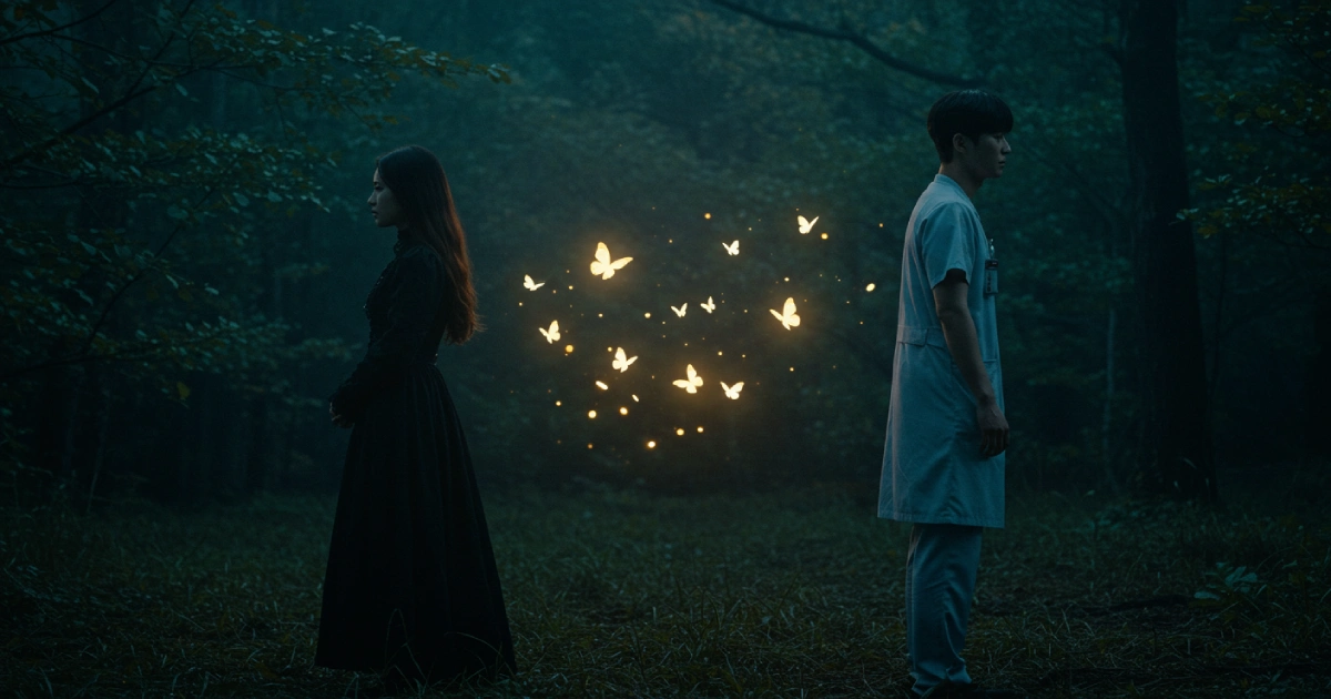 감정을 상징하는 숲속에서 마주 선 남녀, 나비로 연결된 치유의 장면