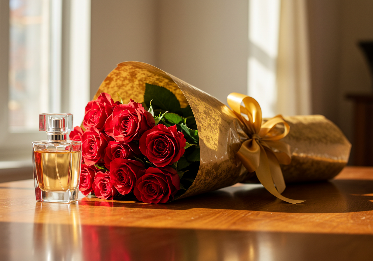 성년의 날 전통 선물인 장미꽃과 향수 세트 이미지