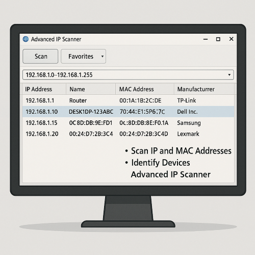 Advanced IP Scanner 화면에서 IP 주소, MAC 주소, 장비 이름, 제조사를 표시한 스캔 결과를 보여주는 모니터 그림