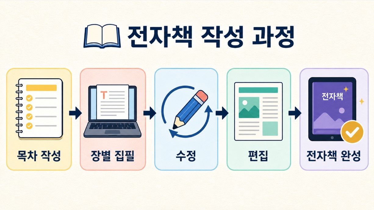 목차 작성 &rarr; 장별 집필 &rarr; 수정 &rarr; 편집 &rarr; 전자책 완성 과정