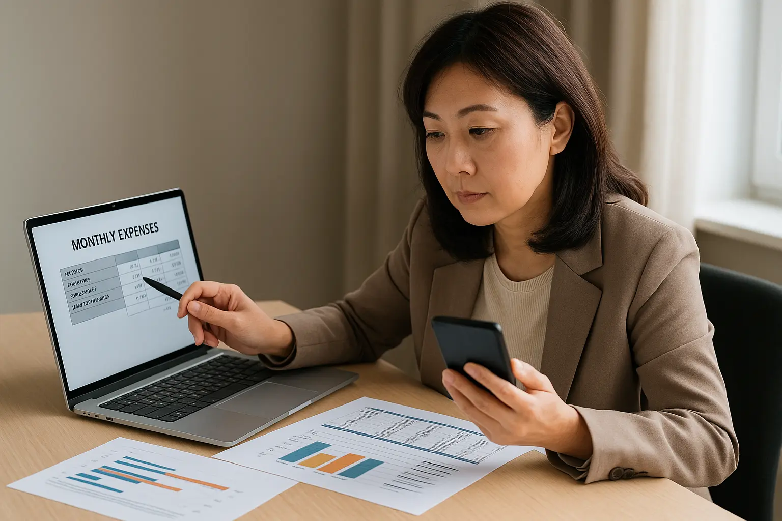 40대 한국인 여성이 노트북과 스마트폰을 함께 보며 통신비·식비·교통비 등 생활비 데이터를 점검하는 모습입니다.