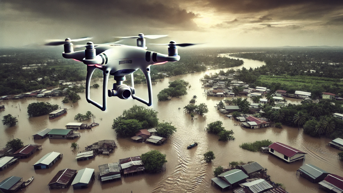 홍수 피해 지역을 탐사하는 드론