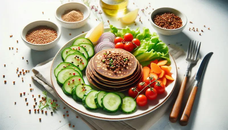 하얀 접시에 메밀 팬케이크 싱싱한 야채들과 주변으로는 포크, 나이프, 메밀, 메밀가루가 있는 이미지.